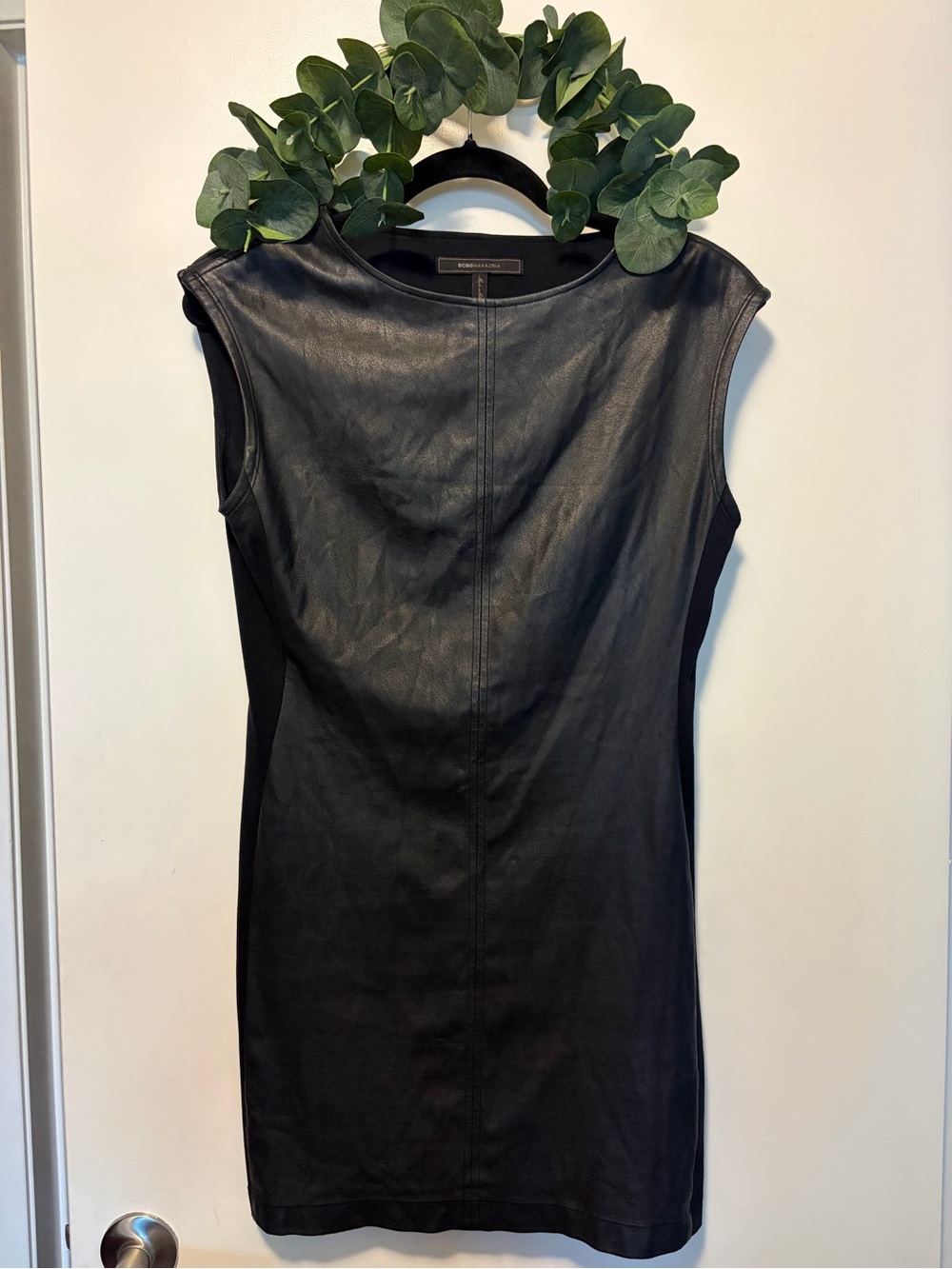 BCBGMaxAzria Black Faux Leather Sleeveless Sheath Dress
